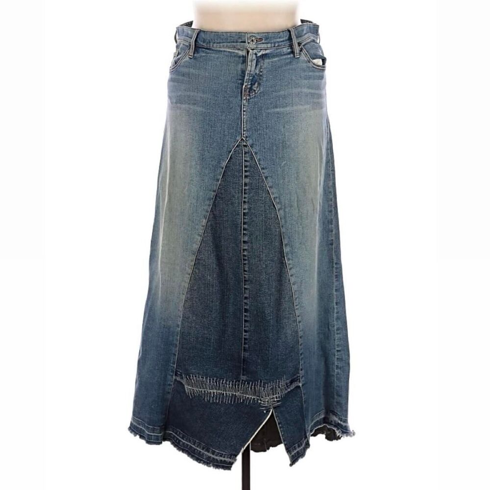 Allen B Blue Denim Maxi Skirt Patchwork 36 in waist Boho Long Jean Flowy Y2K ABS